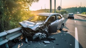 A grey car in pieces after crashing into a barrier on the side of the road