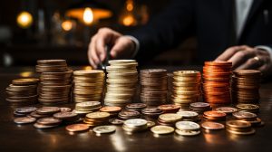 Stacks of coins representing personal injury compensation amounts.