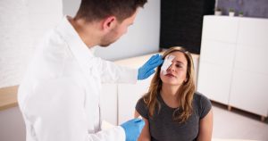 a doctor examining a patient with an eye injury 