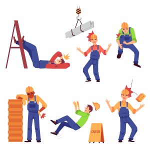 A series of six vector illustrations of builders suffering accidents at work. 
