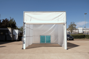 ROLARE-FLEX + MOBE-X system set up outdoors with its front curtain raised