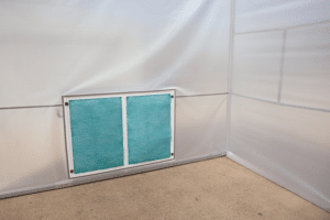 Filter panel inside the ROLARE-FLEX + MOBE-X enclosure, wide view